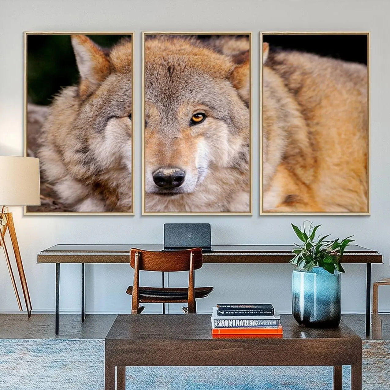 19805-MGV-FC-48X32-3P_Natural-Wild Wolf Wall Art Canvas Print, Framed Canvas Print, Modern Wild Animal Canvas