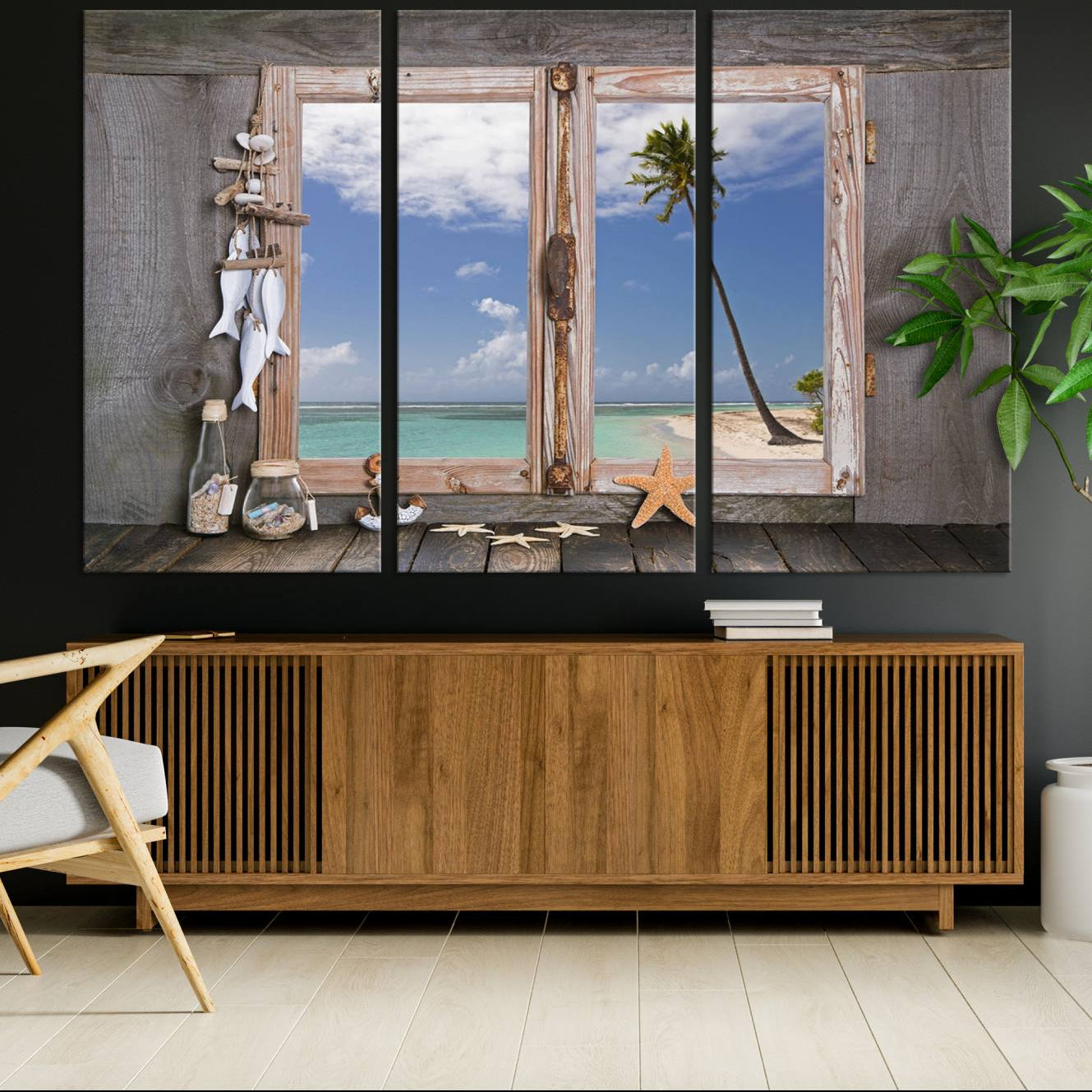 -Window Wall Art Relaxing Beach Starfish Seashells Nautical Art Ocean, Relaxing Beach Window Wall Art