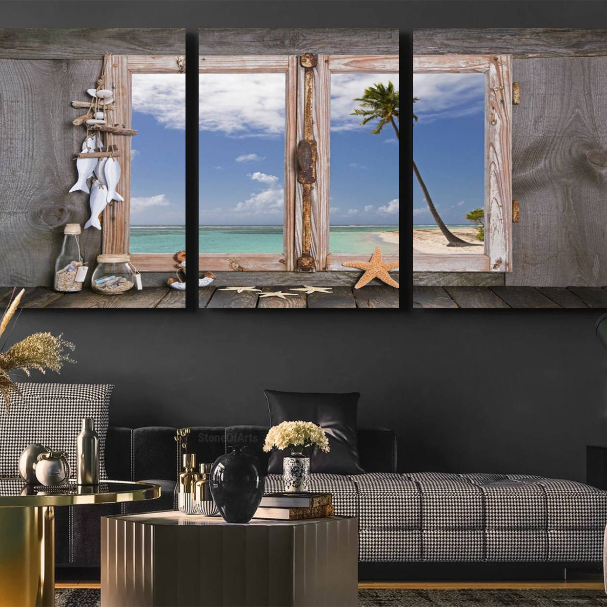 -Window Wall Art Relaxing Beach Starfish Seashells Nautical Art Ocean, Relaxing Beach Window Wall Art