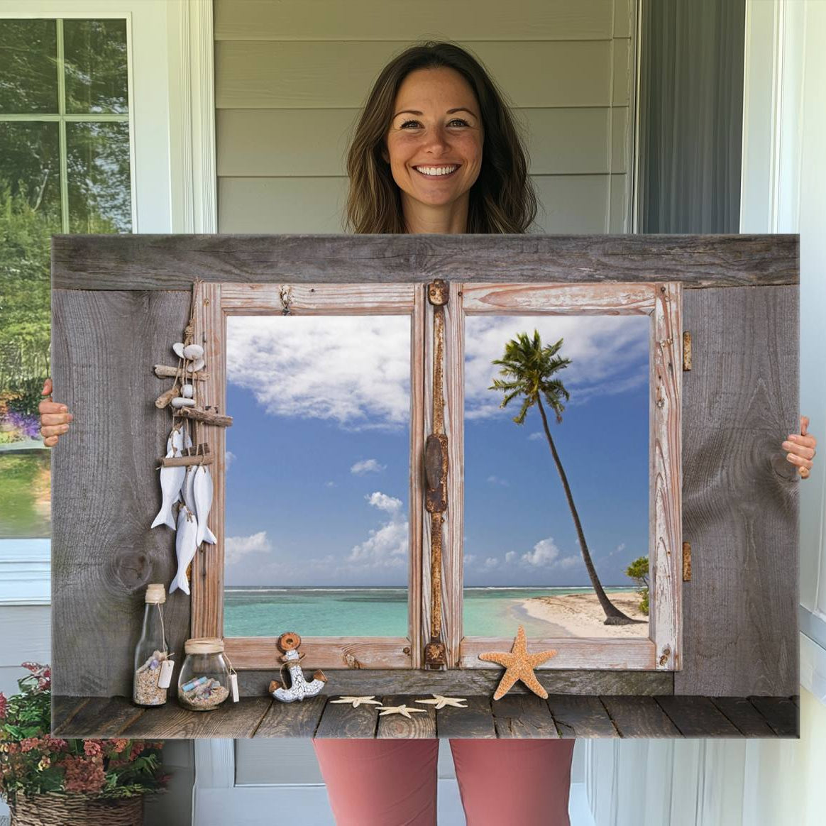 -Window Wall Art Relaxing Beach Starfish Seashells Nautical Art Ocean, Relaxing Beach Window Wall Art