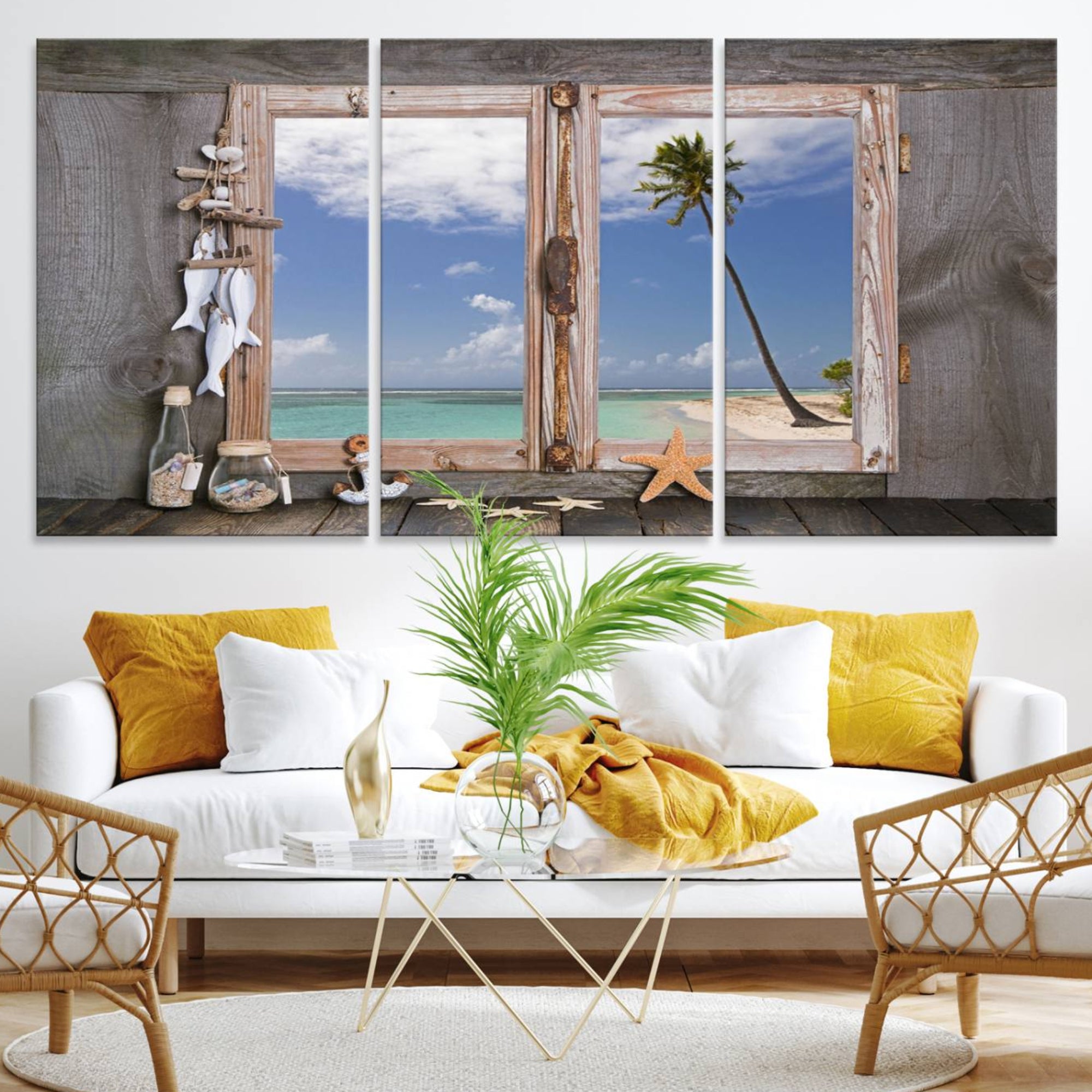 17329-MGV-CV-36X24-Window Wall Art Relaxing Beach Starfish Seashells Nautical Art Ocean, Relaxing Beach Window Wall Art