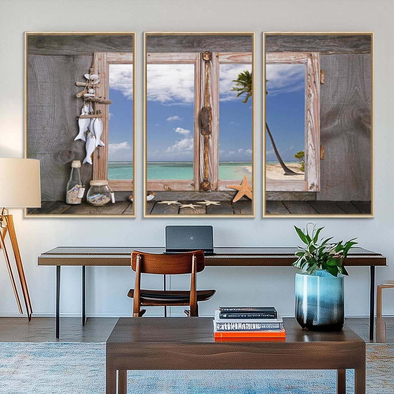 17329-MGV-FC-48X32-3P_Natural-Window Wall Art Relaxing Beach Starfish Seashells Nautical Art Ocean, Relaxing Beach Window Wall Art
