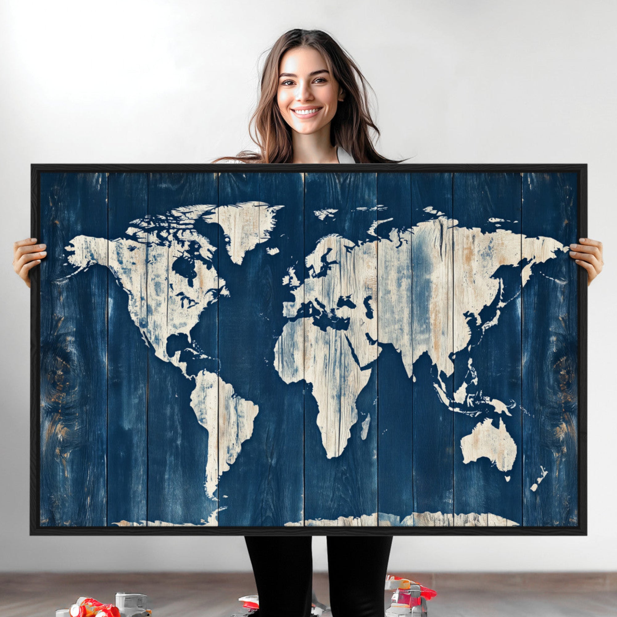 13377812-MGV-CV-36X24-Framed Rustic Blue World Map Canvas Print – Vintage Travel Wall Art for Home Decor, Classic Explorer Map Artwork Gift Idea