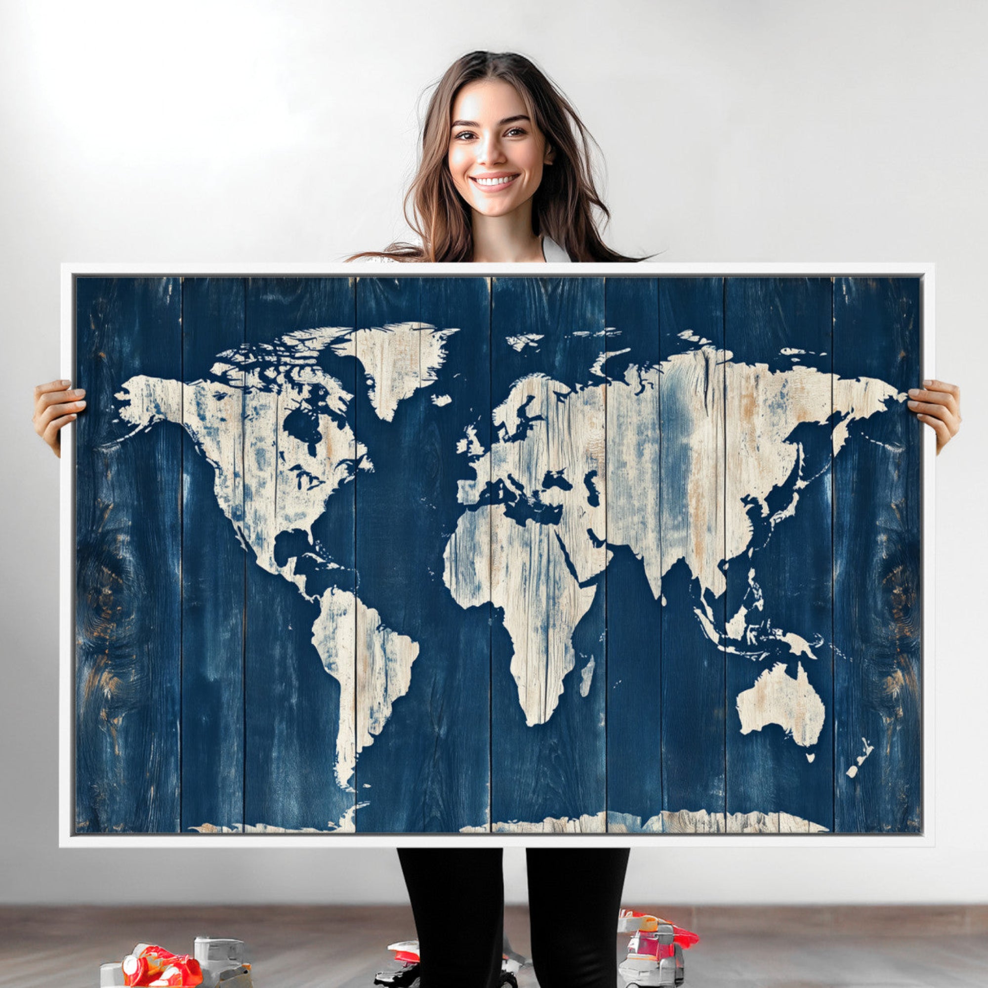 13377812-MGV-CV-36X24-Framed Rustic Blue World Map Canvas Print – Vintage Travel Wall Art for Home Decor, Classic Explorer Map Artwork Gift Idea