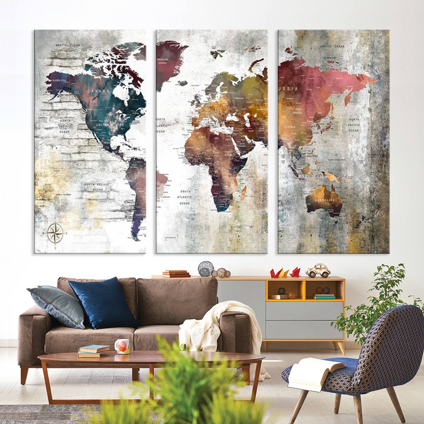 56876-MGV-CV-36X24-Rustic Watercolor World Map Canvas Wall Art – Framed Push Pin Travel Map for Home and Office Decor, Vintage Artistic Explorer Wall Artwork