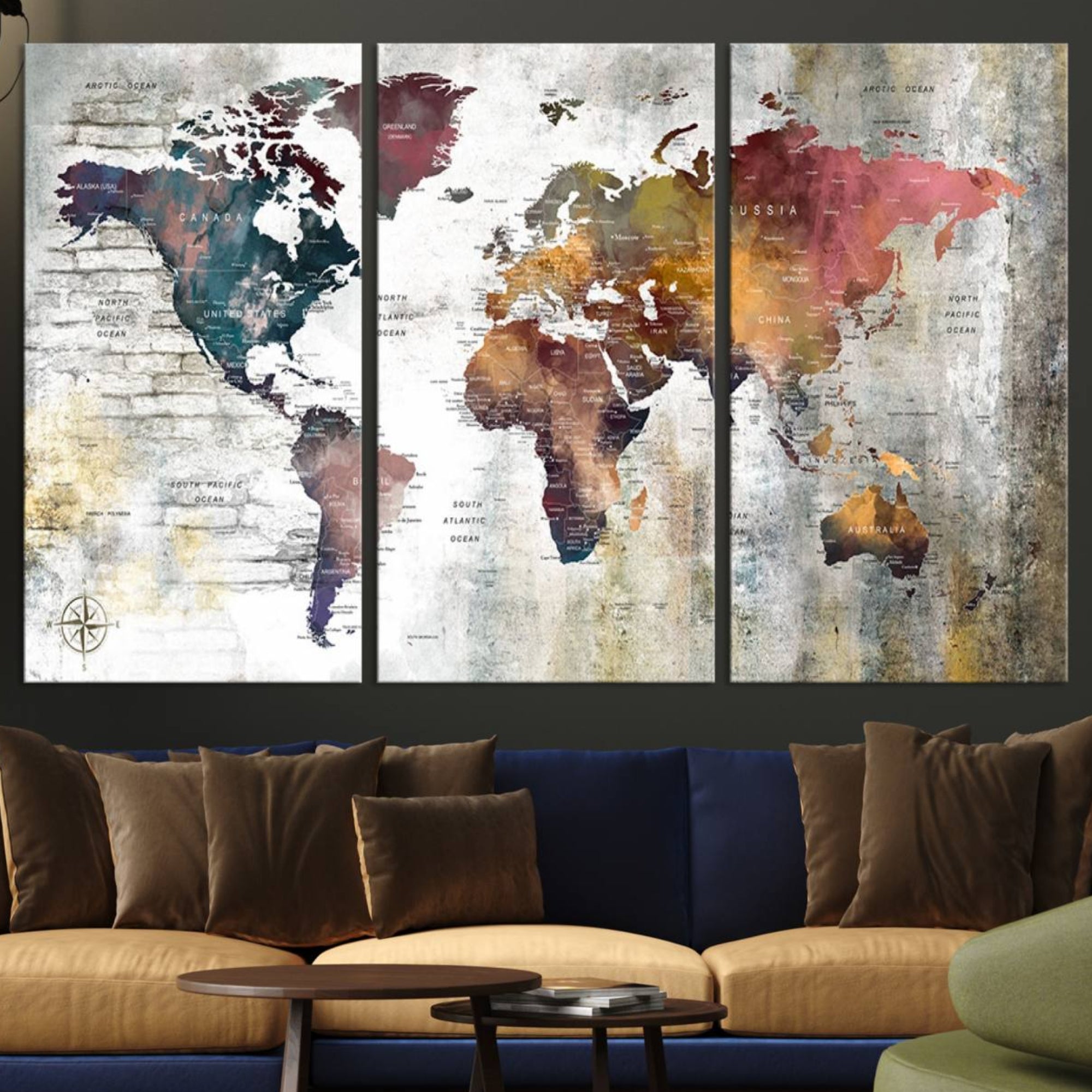 56876-MGV-CV-36X24-Rustic Watercolor World Map Canvas Wall Art – Framed Push Pin Travel Map for Home and Office Decor, Vintage Artistic Explorer Wall Artwork