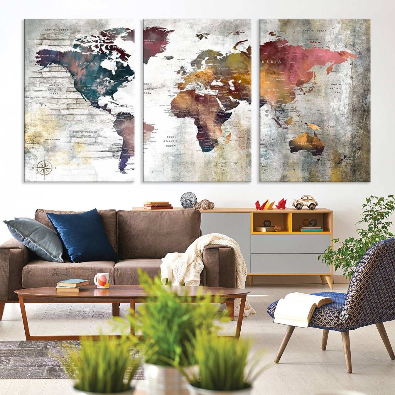 56876-MGV-CV-36X24-Rustic Watercolor World Map Canvas Wall Art – Framed Push Pin Travel Map for Home and Office Decor, Vintage Artistic Explorer Wall Artwork