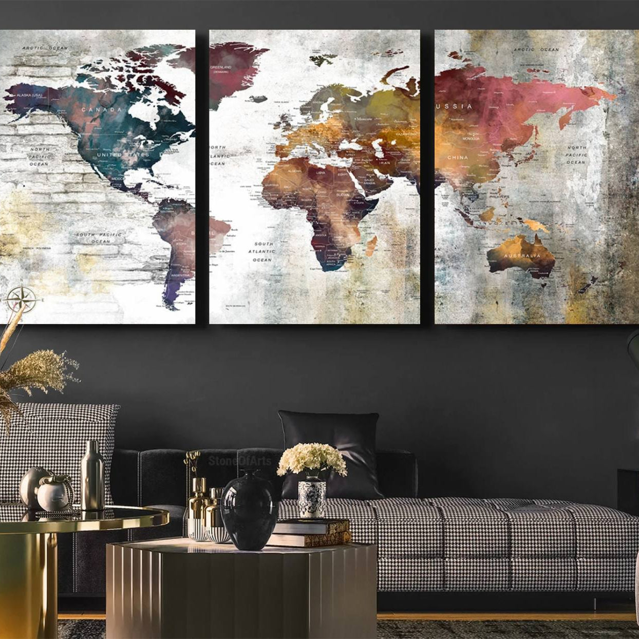 56876-MGV-CV-36X24-Rustic Watercolor World Map Canvas Wall Art – Framed Push Pin Travel Map for Home and Office Decor, Vintage Artistic Explorer Wall Artwork