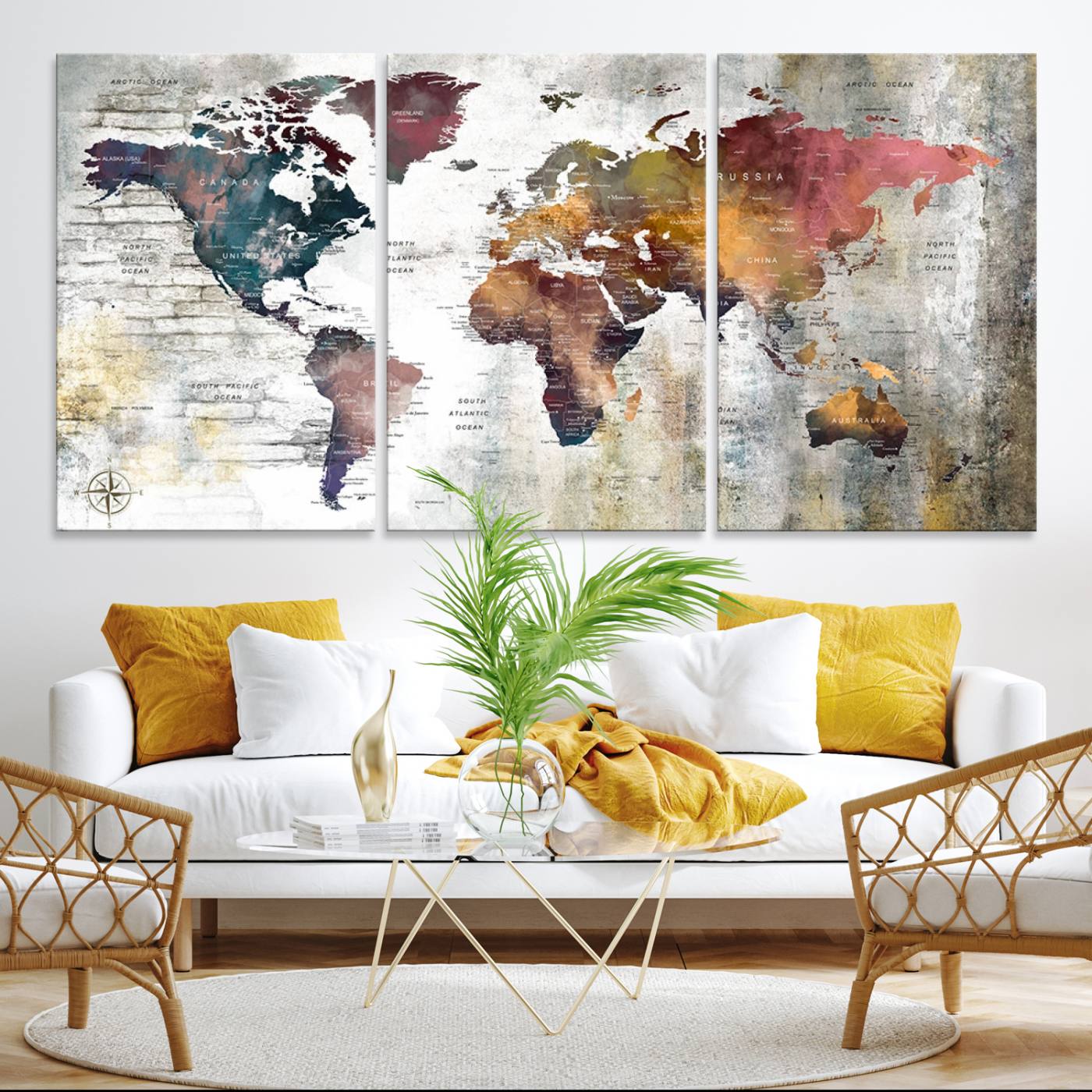56876-MGV-CV-36X24-Rustic Watercolor World Map Canvas Wall Art – Framed Push Pin Travel Map for Home and Office Decor, Vintage Artistic Explorer Wall Artwork