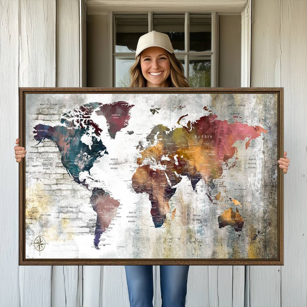 56876-MGV-CV-36X24-Rustic Watercolor World Map Canvas Wall Art – Framed Push Pin Travel Map for Home and Office Decor, Vintage Artistic Explorer Wall Artwork