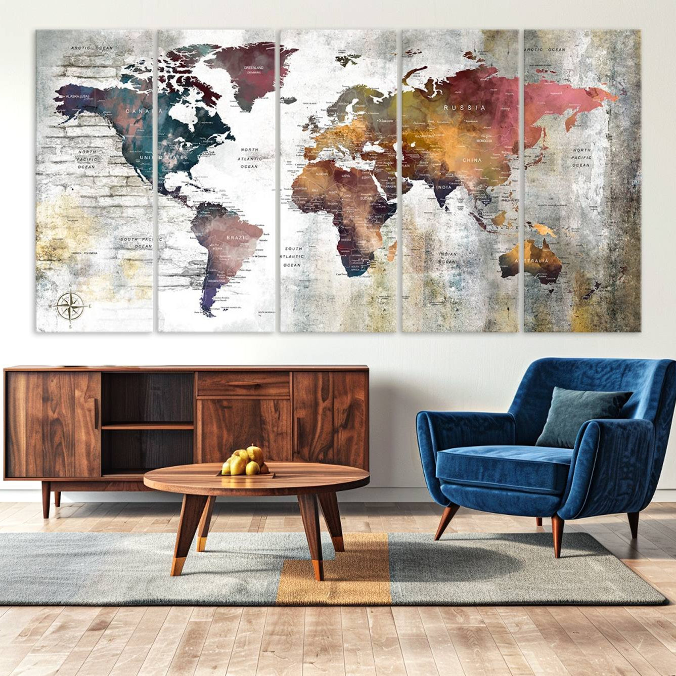 56876-MGV-CV-36X24-Rustic Watercolor World Map Canvas Wall Art – Framed Push Pin Travel Map for Home and Office Decor, Vintage Artistic Explorer Wall Artwork