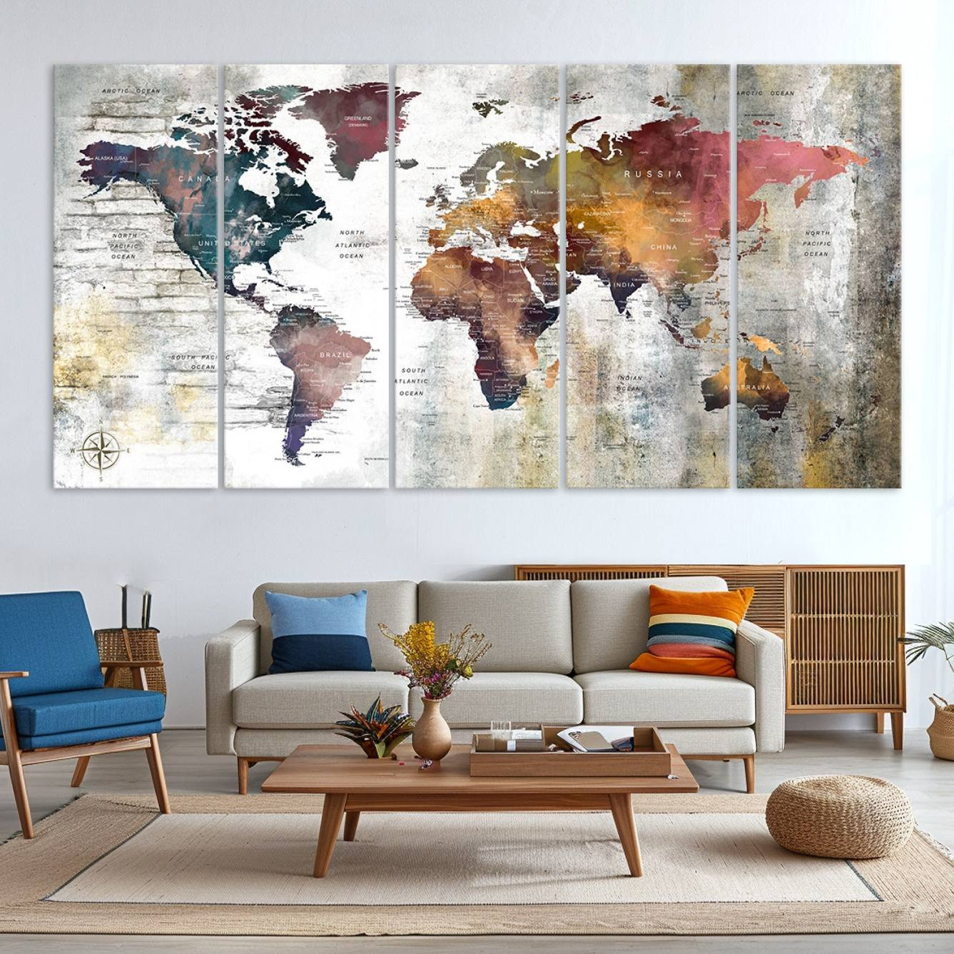 56876-MGV-CV-36X24-Rustic Watercolor World Map Canvas Wall Art – Framed Push Pin Travel Map for Home and Office Decor, Vintage Artistic Explorer Wall Artwork