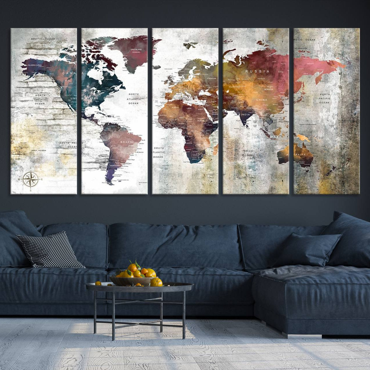 56876-MGV-CV-36X24-Rustic Watercolor World Map Canvas Wall Art – Framed Push Pin Travel Map for Home and Office Decor, Vintage Artistic Explorer Wall Artwork