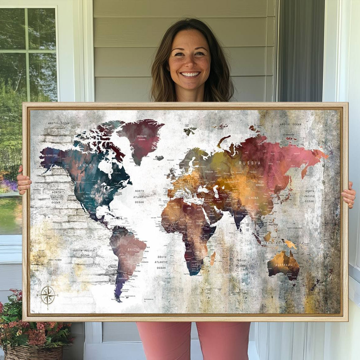 56876-MGV-CV-36X24-Rustic Watercolor World Map Canvas Wall Art – Framed Push Pin Travel Map for Home and Office Decor, Vintage Artistic Explorer Wall Artwork