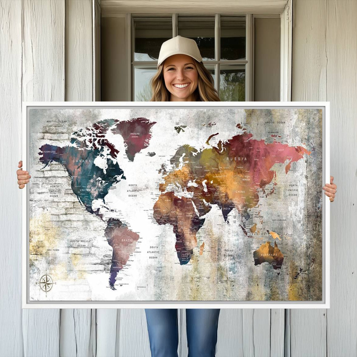 56876-MGV-CV-36X24-Rustic Watercolor World Map Canvas Wall Art – Framed Push Pin Travel Map for Home and Office Decor, Vintage Artistic Explorer Wall Artwork