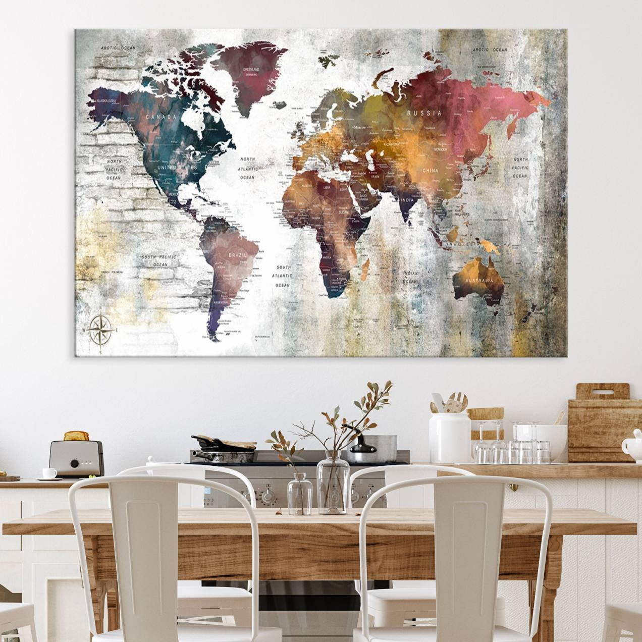 56876-MGV-CV-36X24-Rustic Watercolor World Map Canvas Wall Art – Framed Push Pin Travel Map for Home and Office Decor, Vintage Artistic Explorer Wall Artwork