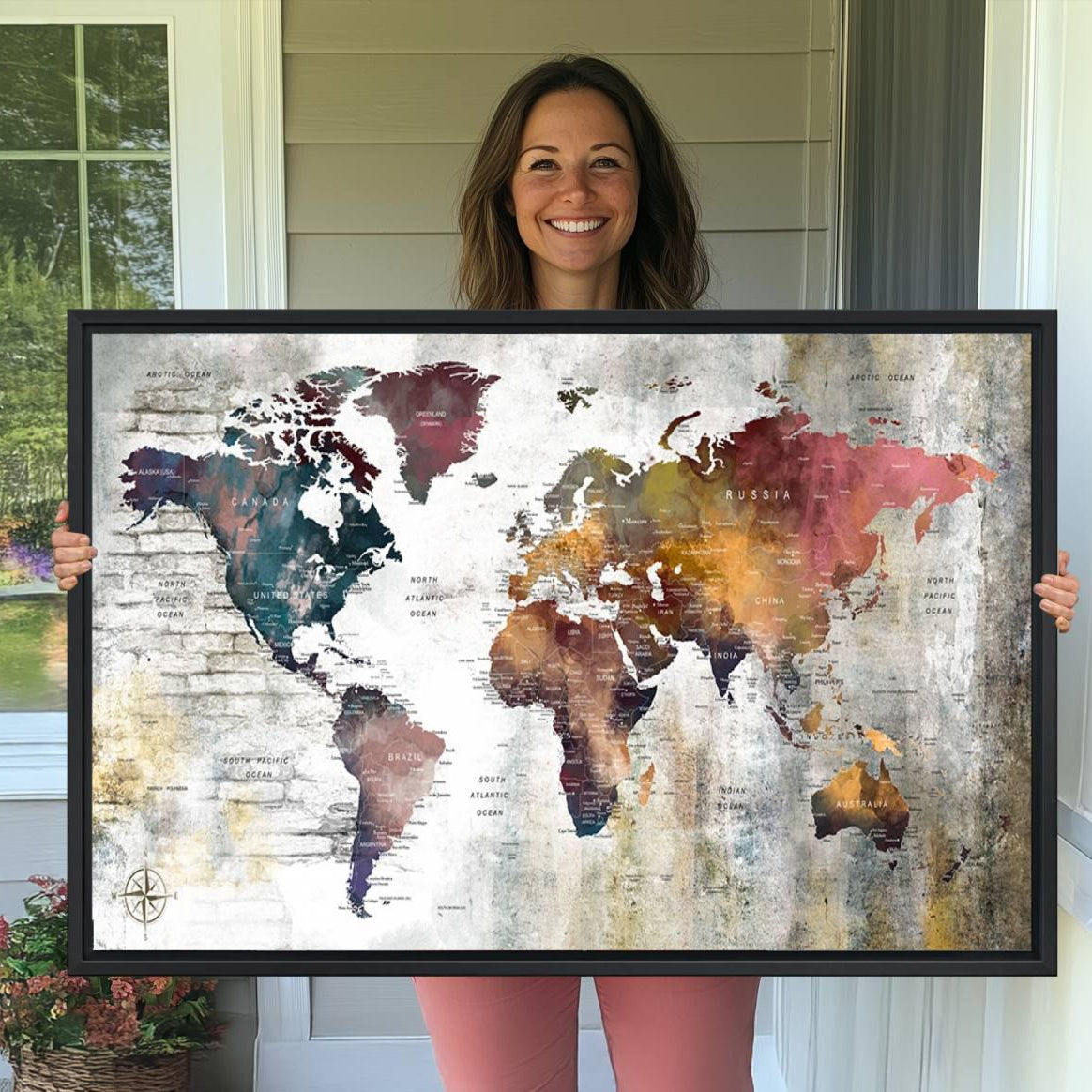 56876-MGV-CV-36X24-Rustic Watercolor World Map Canvas Wall Art – Framed Push Pin Travel Map for Home and Office Decor, Vintage Artistic Explorer Wall Artwork