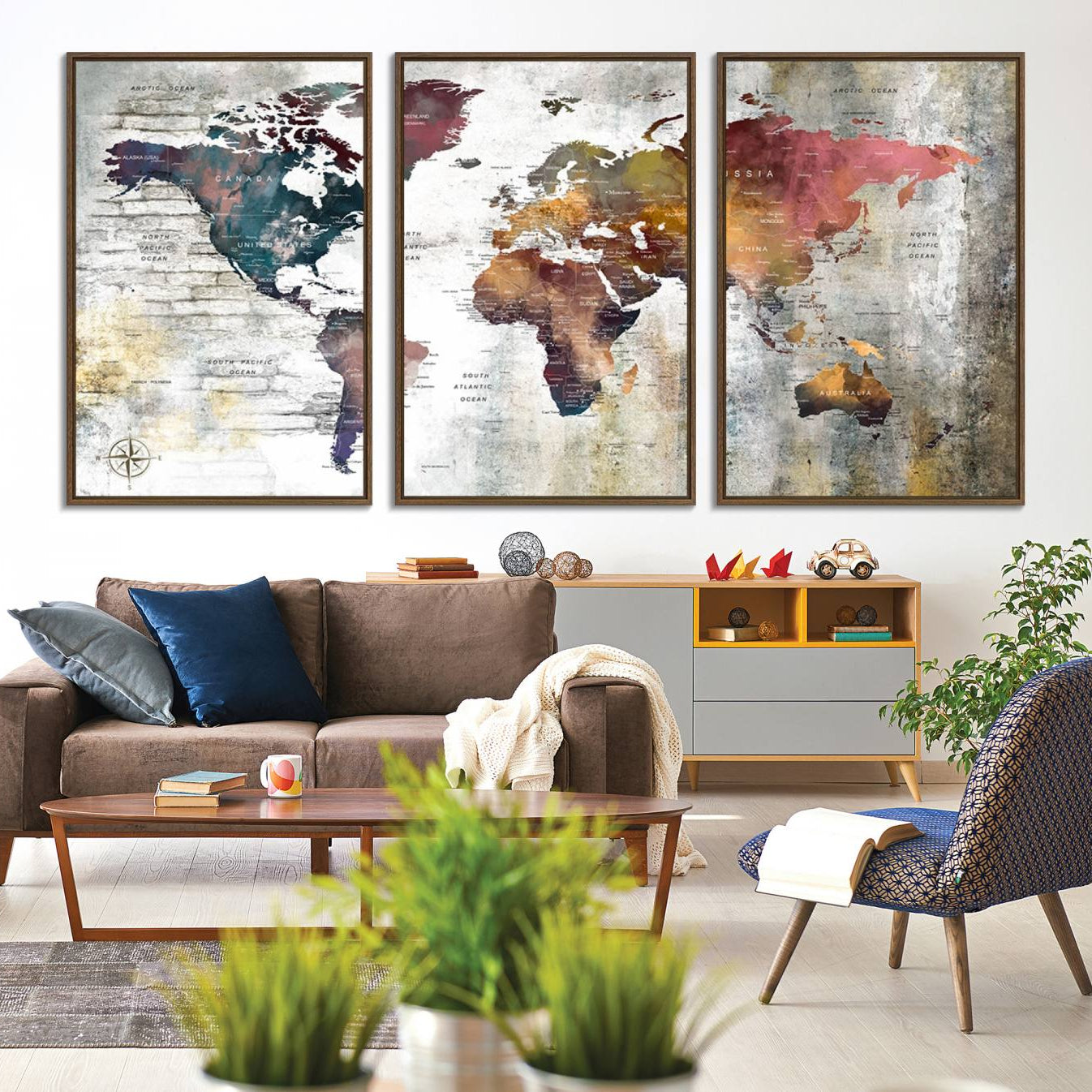 56876-MGV-CV-36X24-Rustic Watercolor World Map Canvas Wall Art – Framed Push Pin Travel Map for Home and Office Decor, Vintage Artistic Explorer Wall Artwork
