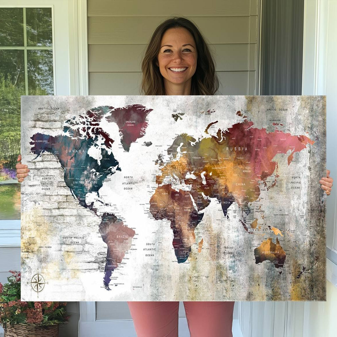 56876-MGV-CV-36X24-Rustic Watercolor World Map Canvas Wall Art – Framed Push Pin Travel Map for Home and Office Decor, Vintage Artistic Explorer Wall Artwork