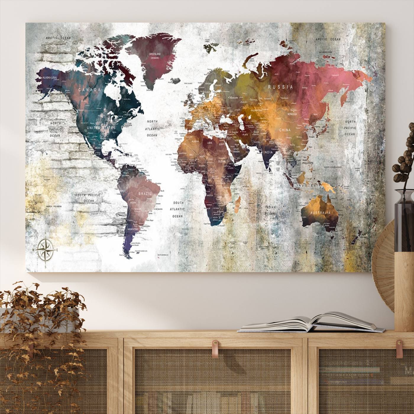 56876-MGV-CV-36X24-Rustic Watercolor World Map Canvas Wall Art – Framed Push Pin Travel Map for Home and Office Decor, Vintage Artistic Explorer Wall Artwork
