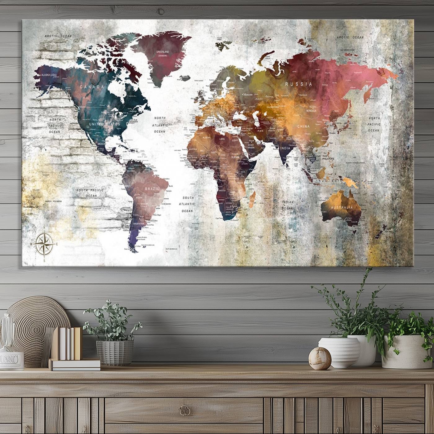 56876-MGV-CV-36X24-Rustic Watercolor World Map Canvas Wall Art – Framed Push Pin Travel Map for Home and Office Decor, Vintage Artistic Explorer Wall Artwork