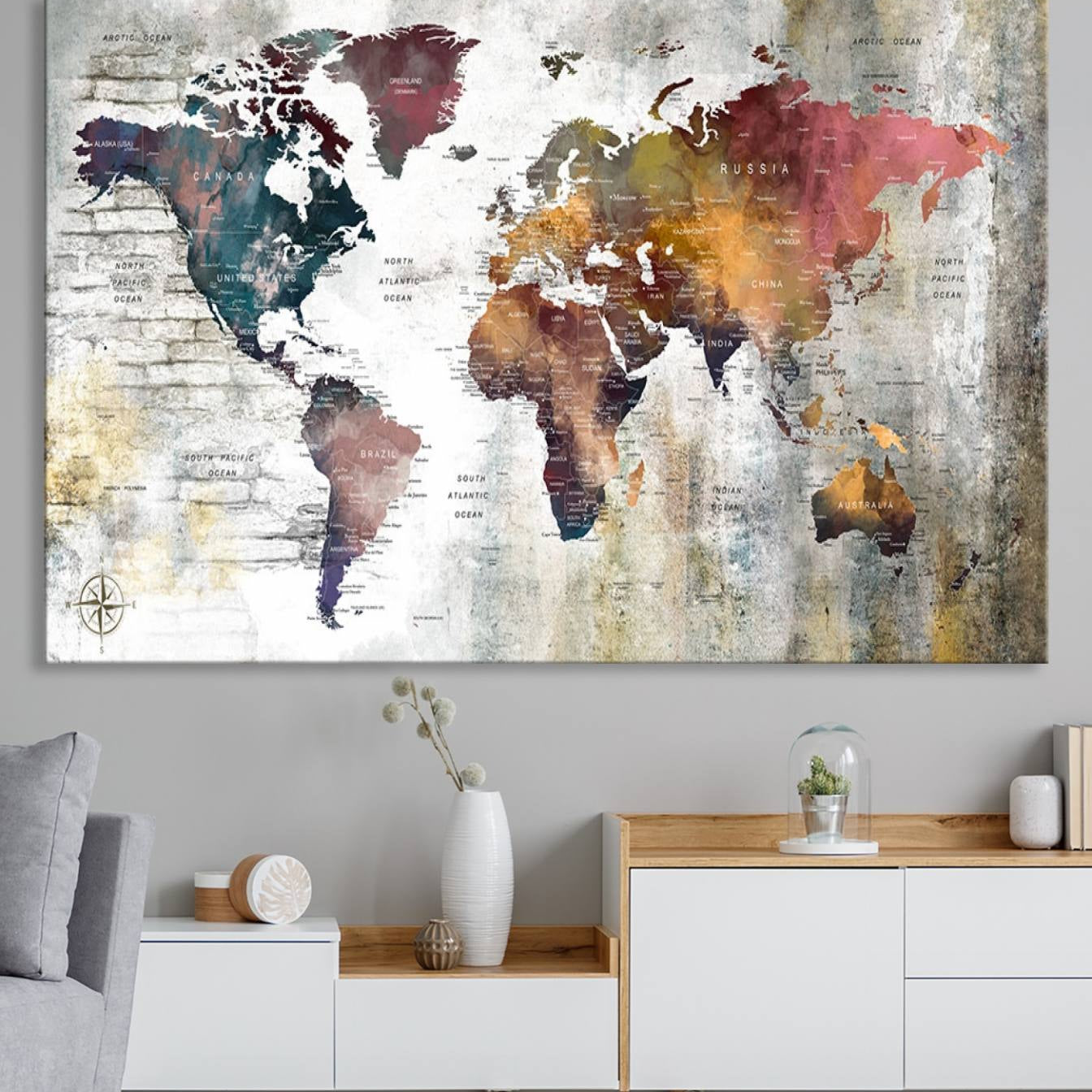 56876-MGV-CV-36X24-Rustic Watercolor World Map Canvas Wall Art – Framed Push Pin Travel Map for Home and Office Decor, Vintage Artistic Explorer Wall Artwork
