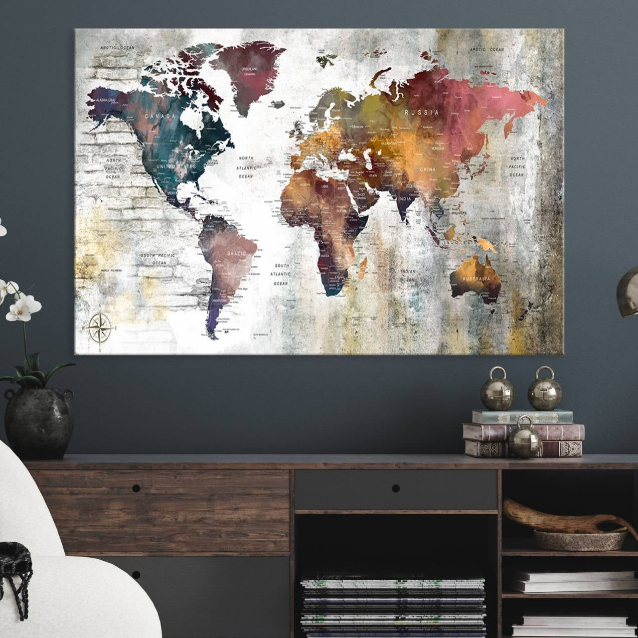 56876-MGV-CV-36X24-Rustic Watercolor World Map Canvas Wall Art – Framed Push Pin Travel Map for Home and Office Decor, Vintage Artistic Explorer Wall Artwork