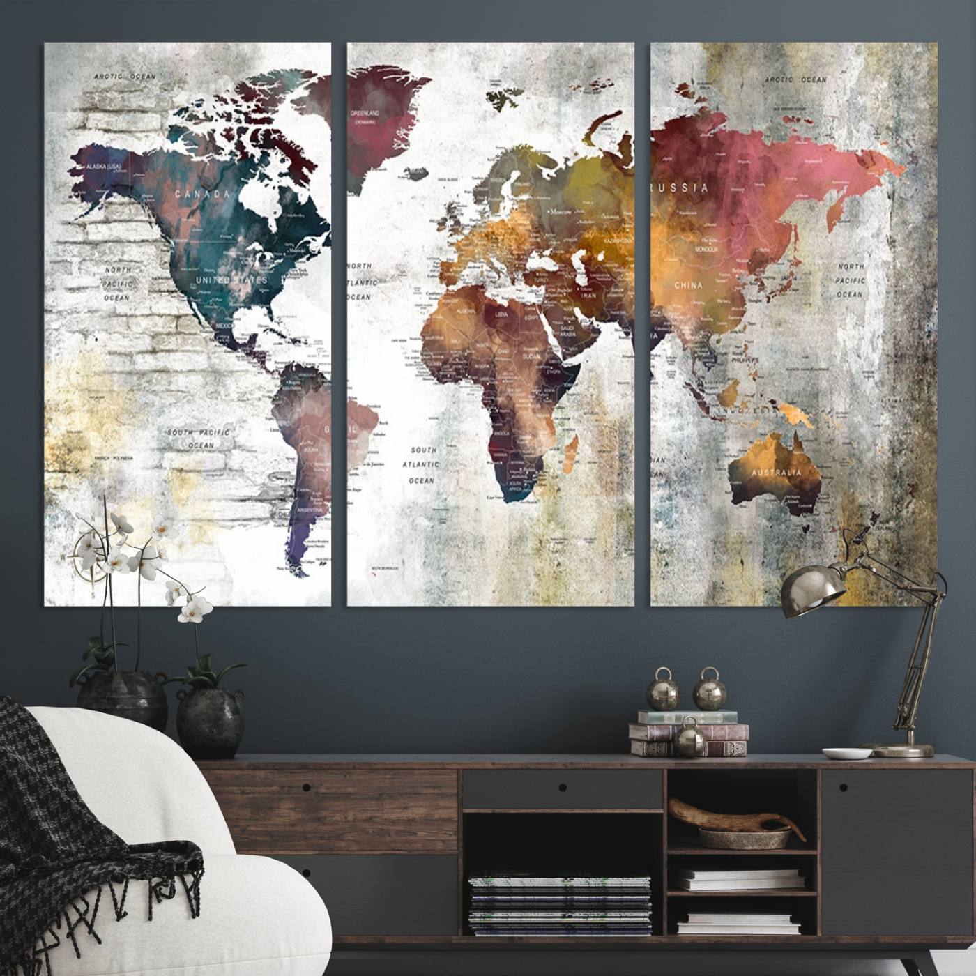 56876-MGV-CV-48X32-3P-Rustic Watercolor World Map Canvas Wall Art – Framed Push Pin Travel Map for Home and Office Decor, Vintage Artistic Explorer Wall Artwork