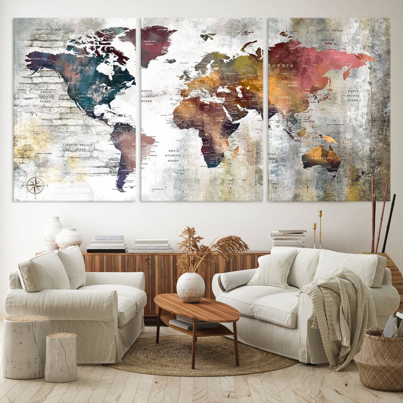 56876-MGV-CV-60X30-3P-Rustic Watercolor World Map Canvas Wall Art – Framed Push Pin Travel Map for Home and Office Decor, Vintage Artistic Explorer Wall Artwork