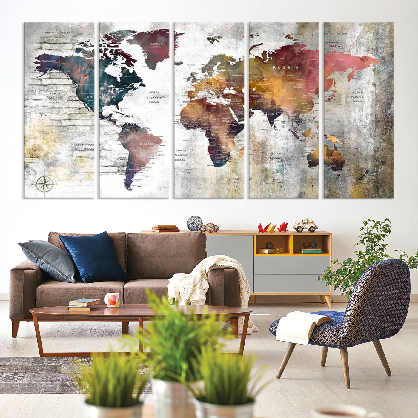 56876-MGV-CV-60X31-5P-Rustic Watercolor World Map Canvas Wall Art – Framed Push Pin Travel Map for Home and Office Decor, Vintage Artistic Explorer Wall Artwork