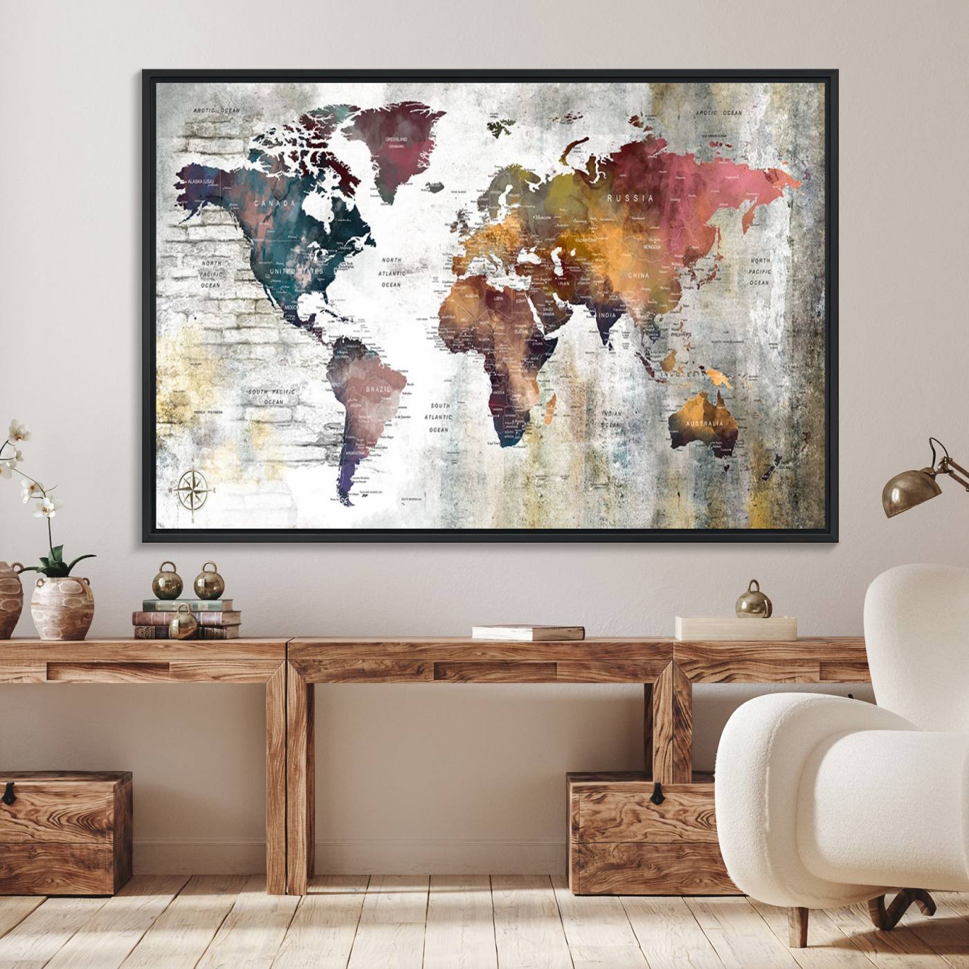 56876-MGV-FC-36X24_Black-Rustic Watercolor World Map Canvas Wall Art – Framed Push Pin Travel Map for Home and Office Decor, Vintage Artistic Explorer Wall Artwork