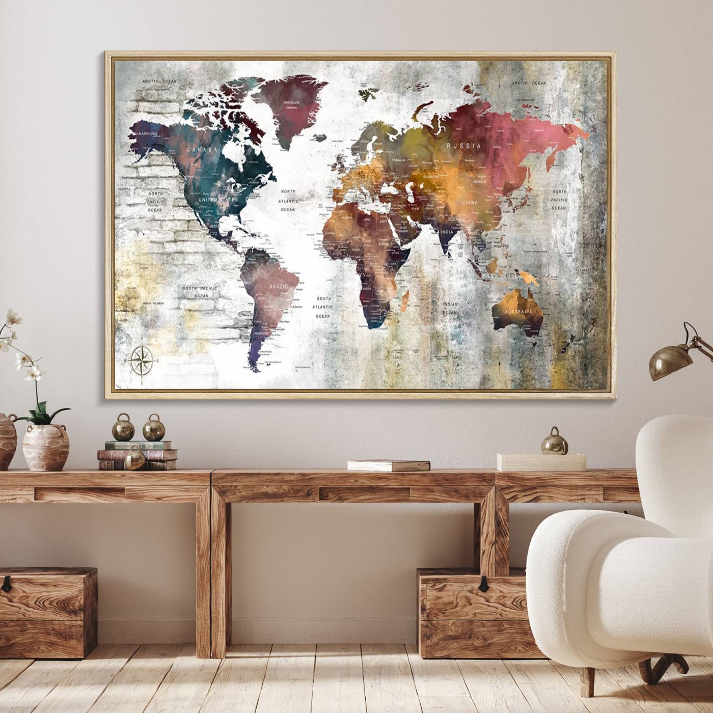 56876-MGV-FC-36X24_Natural-Rustic Watercolor World Map Canvas Wall Art – Framed Push Pin Travel Map for Home and Office Decor, Vintage Artistic Explorer Wall Artwork