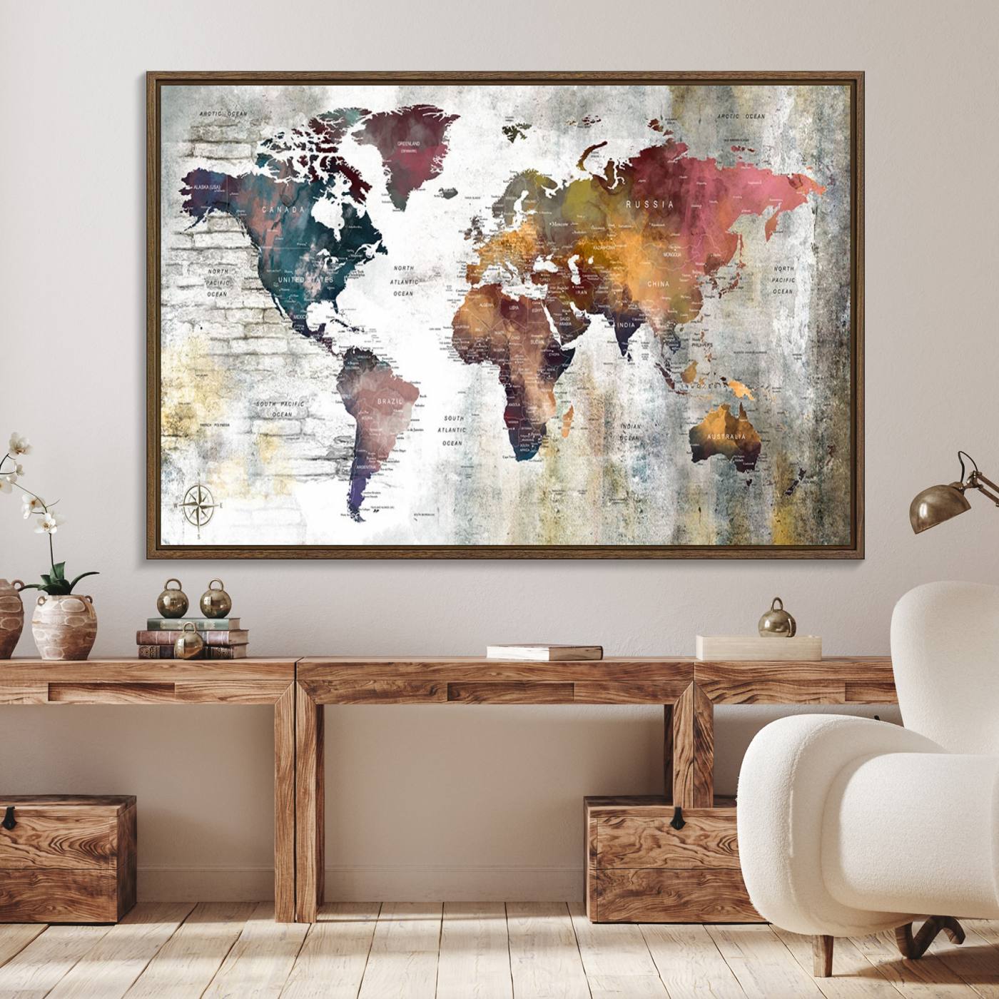56876-MGV-FC-36X24_Walnut-Rustic Watercolor World Map Canvas Wall Art – Framed Push Pin Travel Map for Home and Office Decor, Vintage Artistic Explorer Wall Artwork