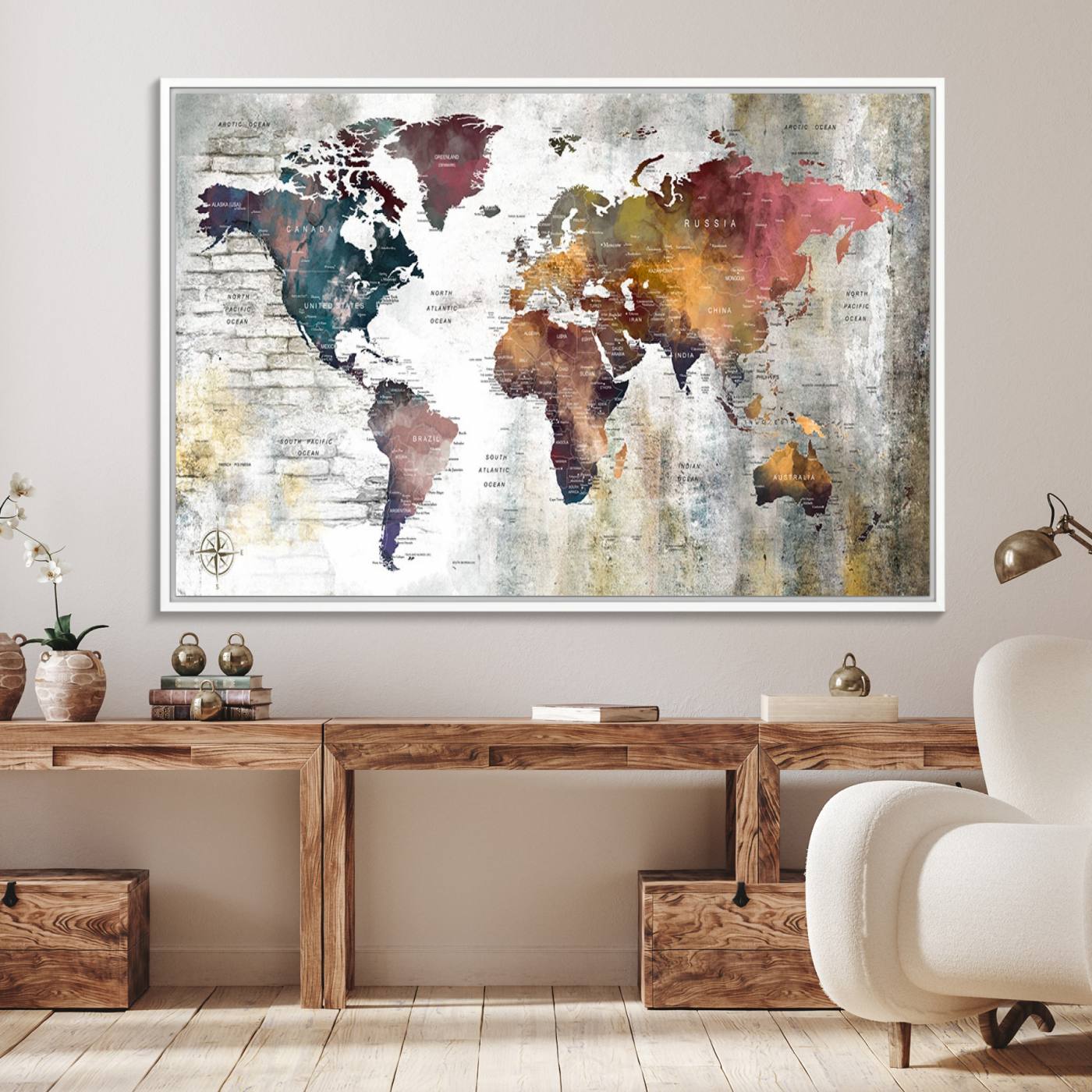 56876-MGV-FC-36X24_White-Rustic Watercolor World Map Canvas Wall Art – Framed Push Pin Travel Map for Home and Office Decor, Vintage Artistic Explorer Wall Artwork