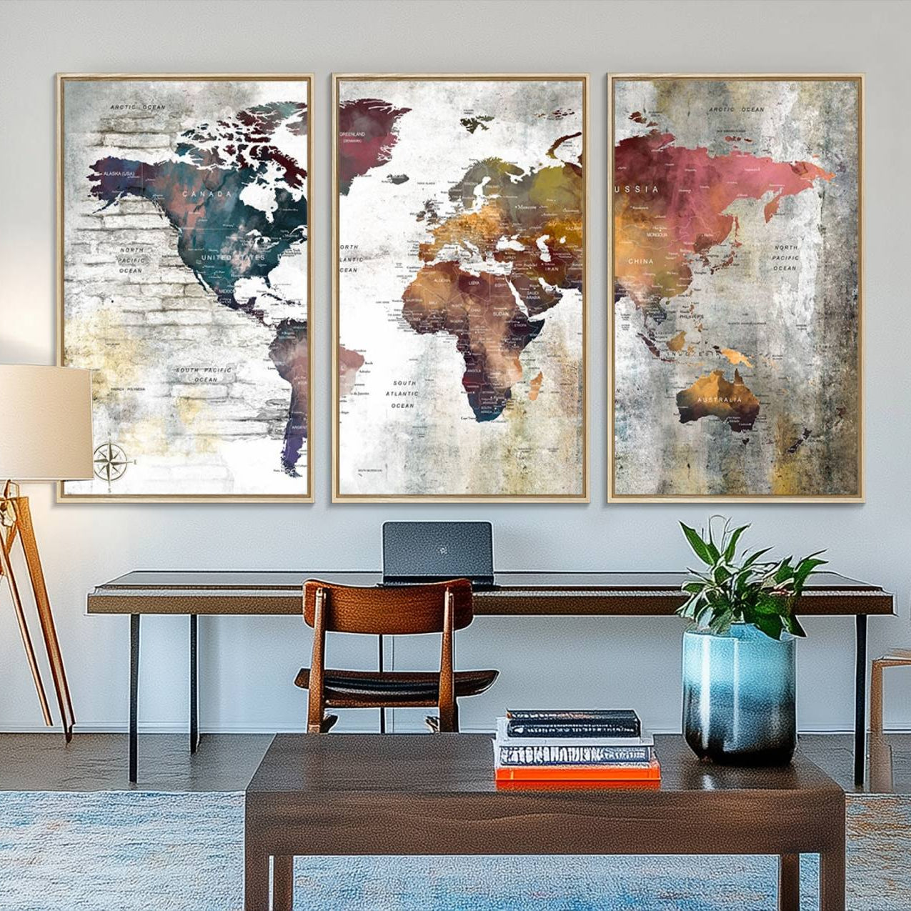 56876-MGV-FC-48X32-3P_Natural-Rustic Watercolor World Map Canvas Wall Art – Framed Push Pin Travel Map for Home and Office Decor, Vintage Artistic Explorer Wall Artwork