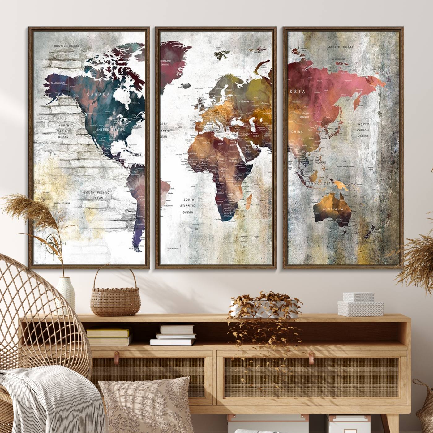 56876-MGV-FC-48X32-3P_Walnut-Rustic Watercolor World Map Canvas Wall Art – Framed Push Pin Travel Map for Home and Office Decor, Vintage Artistic Explorer Wall Artwork