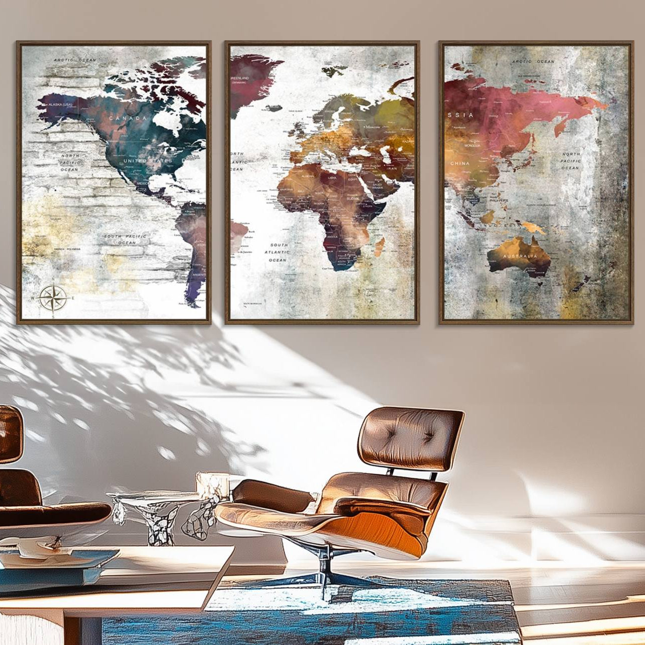 56876-MGV-FC-60X30-3P_Walnut-Rustic Watercolor World Map Canvas Wall Art – Framed Push Pin Travel Map for Home and Office Decor, Vintage Artistic Explorer Wall Artwork