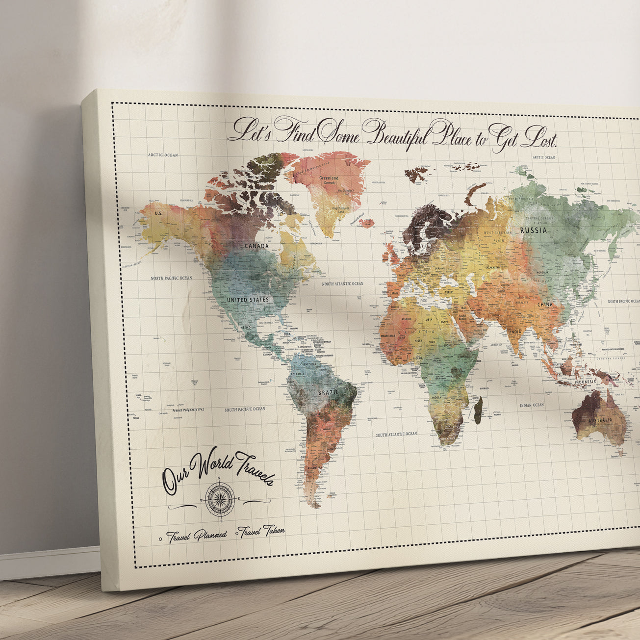 Rehber01-MGV-CV-36X24-Custom Framed World Map Canvas Print Personalized Push Pin Travel Tracker Gift for Couples for Home, Office