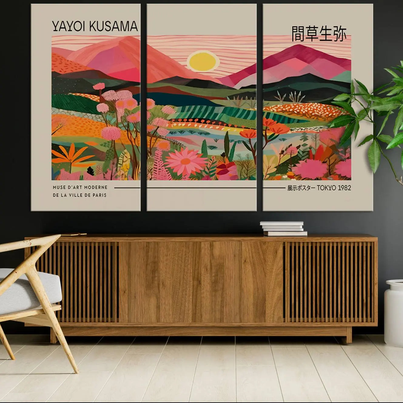 -Yayoi Kusama Landscape Canvas Print, Vibrant Floral Mountain Art Print, Yayoi Botanical Wall Art -