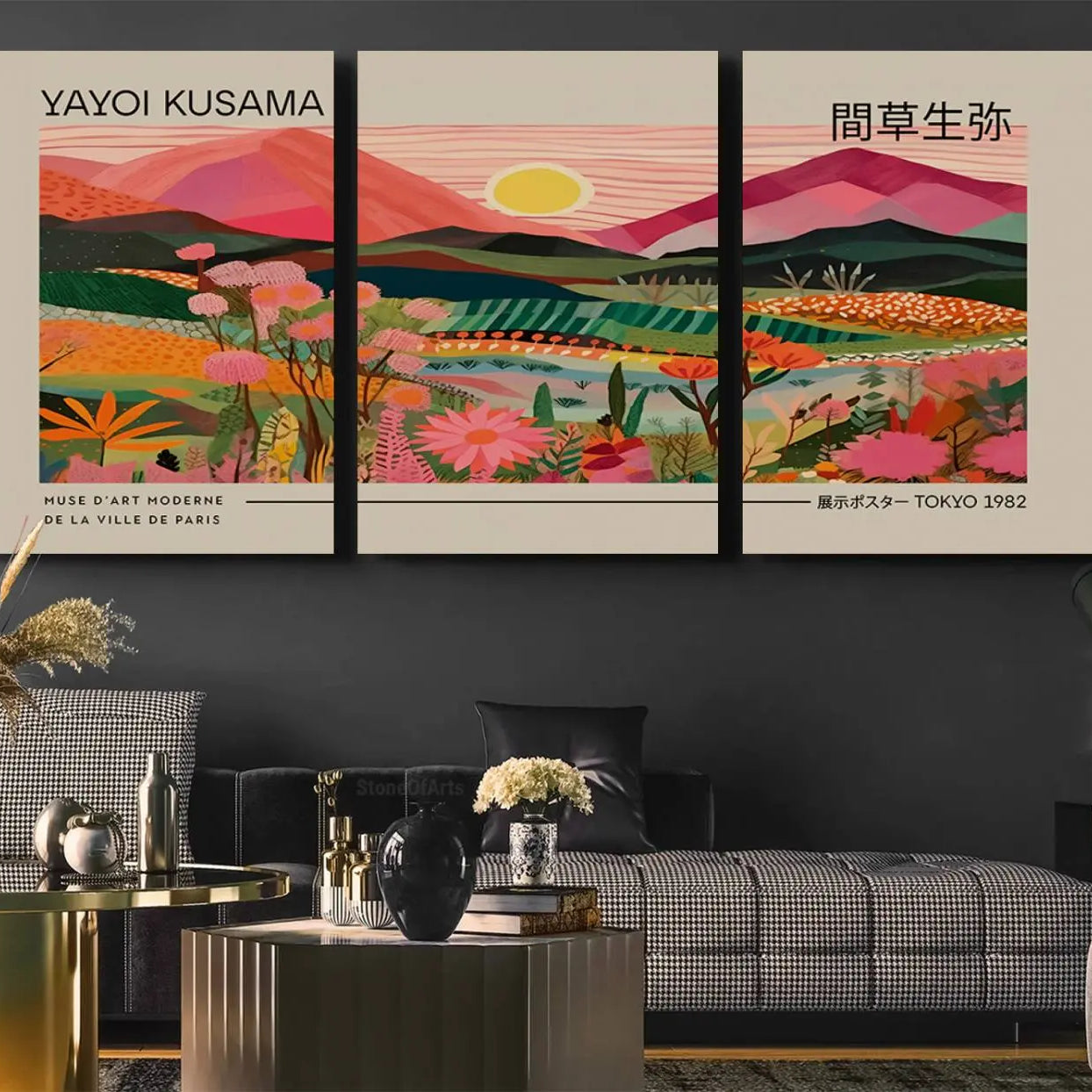 -Yayoi Kusama Landscape Canvas Print, Vibrant Floral Mountain Art Print, Yayoi Botanical Wall Art -