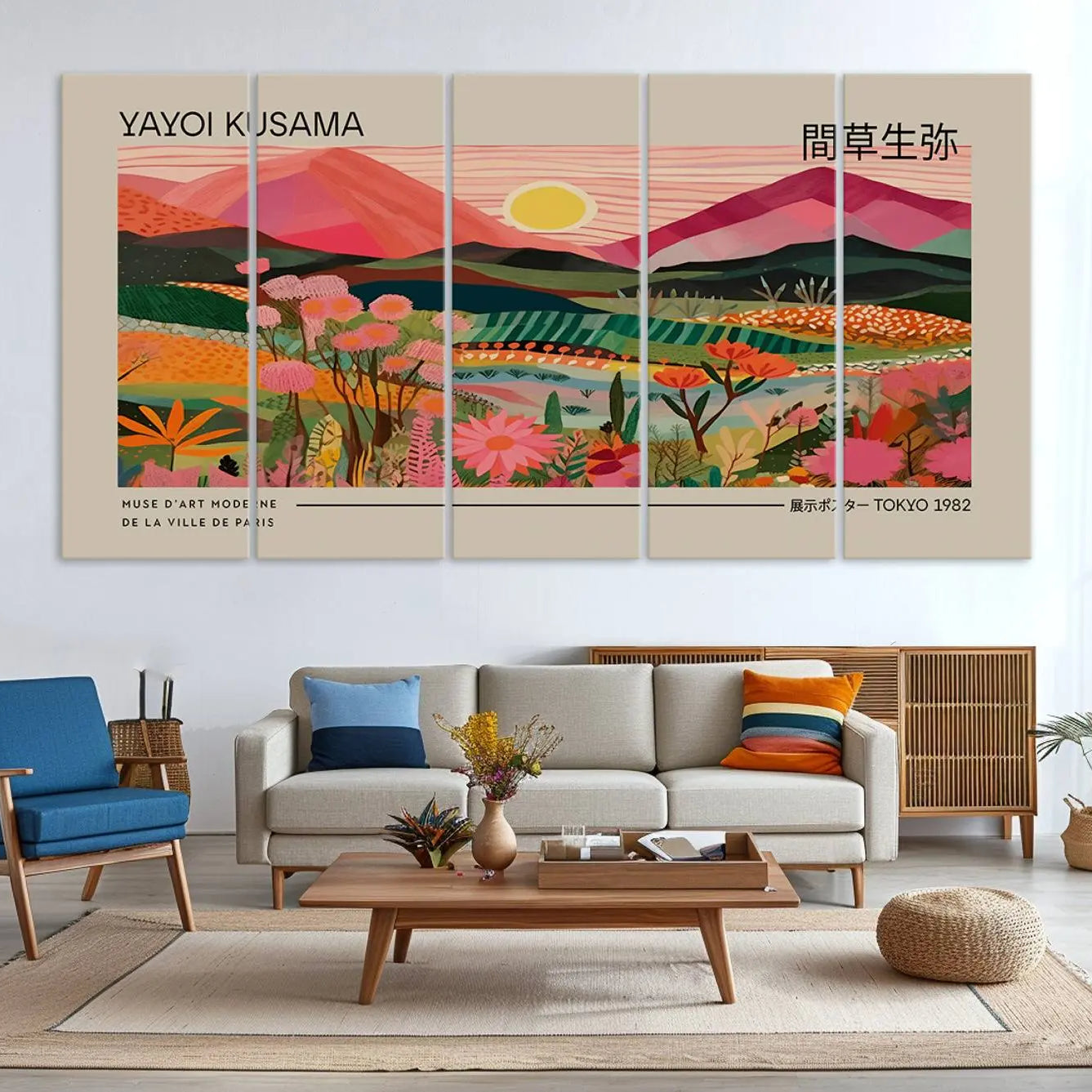 -Yayoi Kusama Landscape Canvas Print, Vibrant Floral Mountain Art Print, Yayoi Botanical Wall Art -