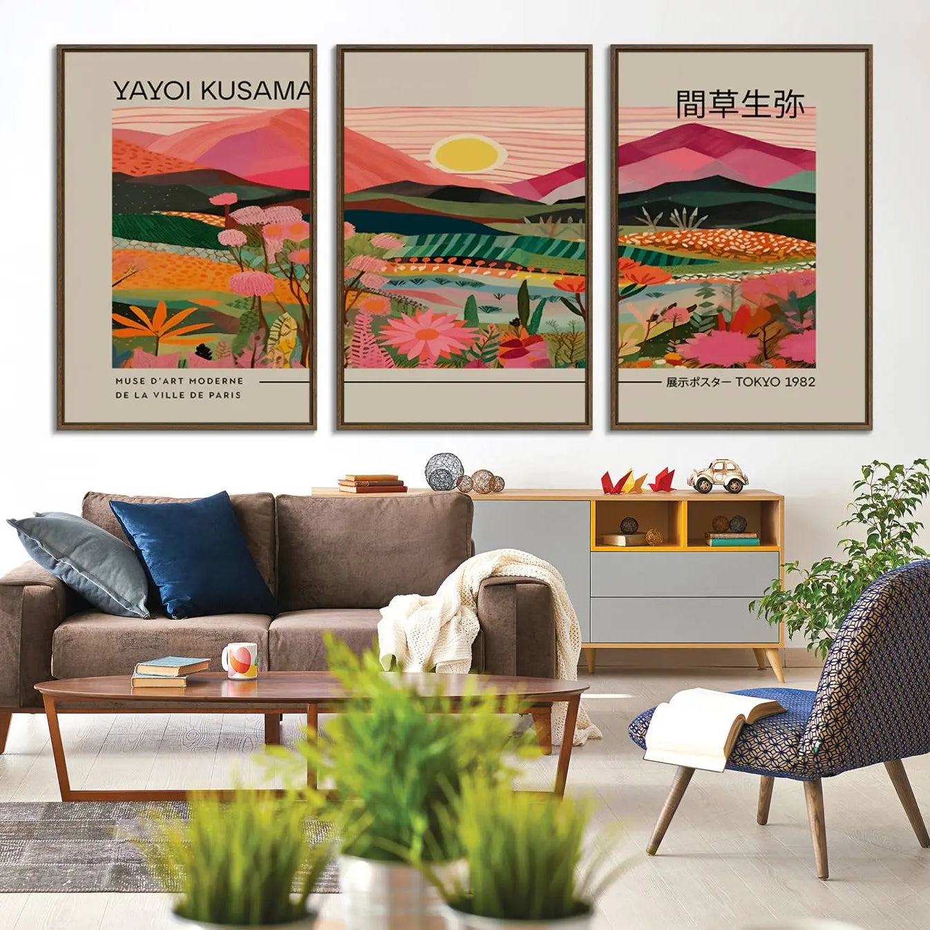 -Yayoi Kusama Landscape Canvas Print, Vibrant Floral Mountain Art Print, Yayoi Botanical Wall Art -