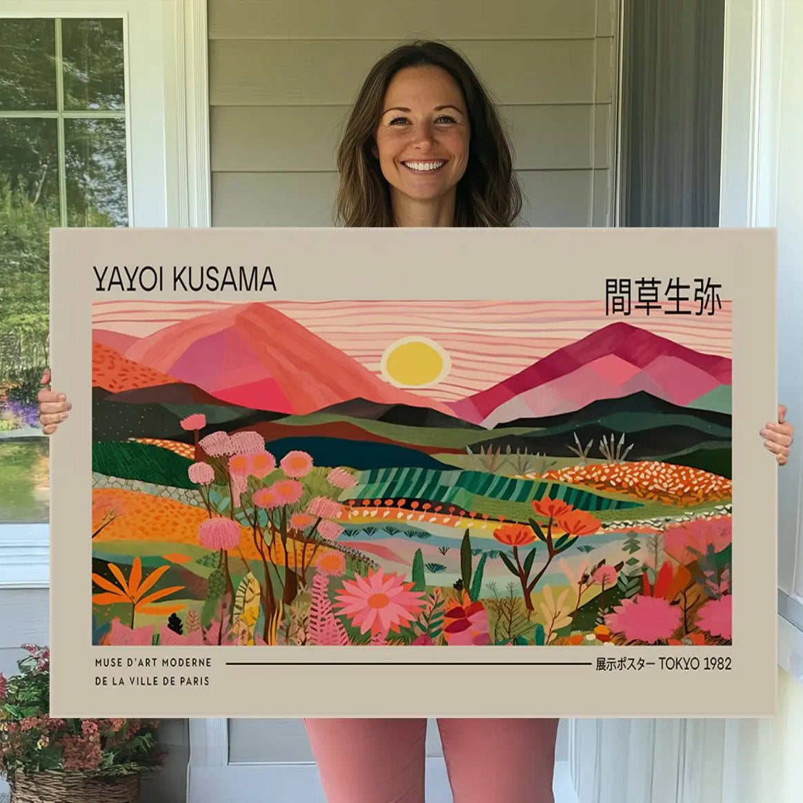 18304-MGV-CV-36X24-Yayoi Kusama Landscape Canvas Print, Vibrant Floral Mountain Art Print, Yayoi Botanical Wall Art -