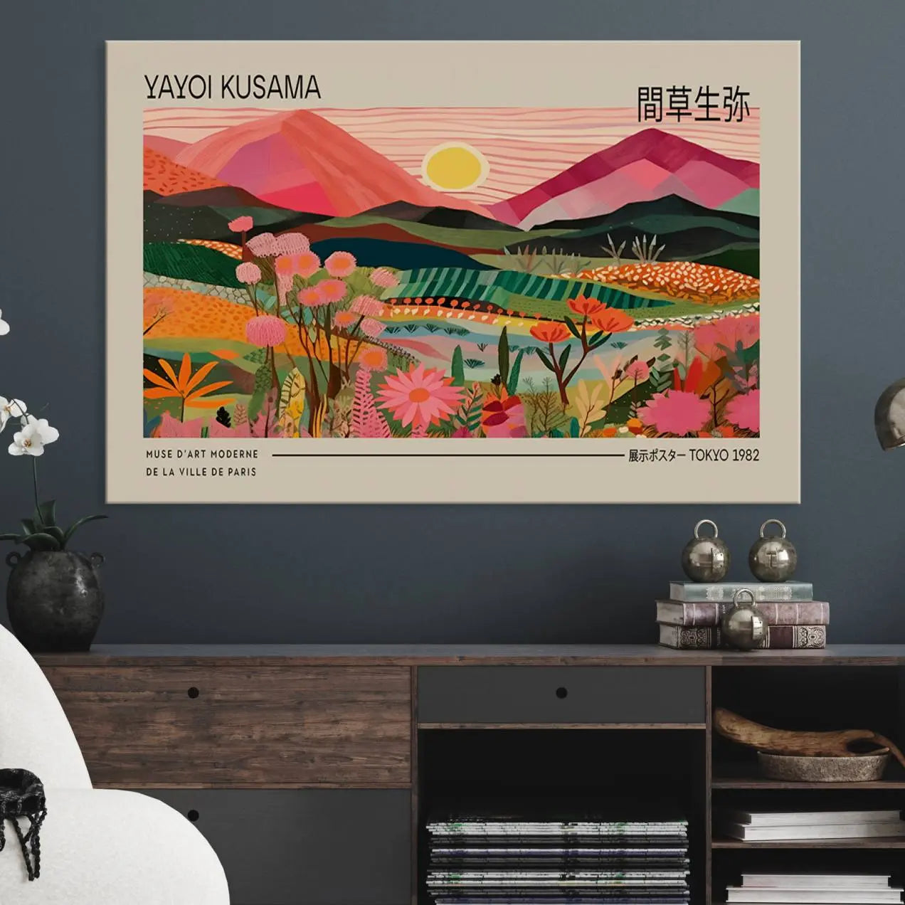 -Yayoi Kusama Landscape Canvas Print, Vibrant Floral Mountain Art Print, Yayoi Botanical Wall Art -