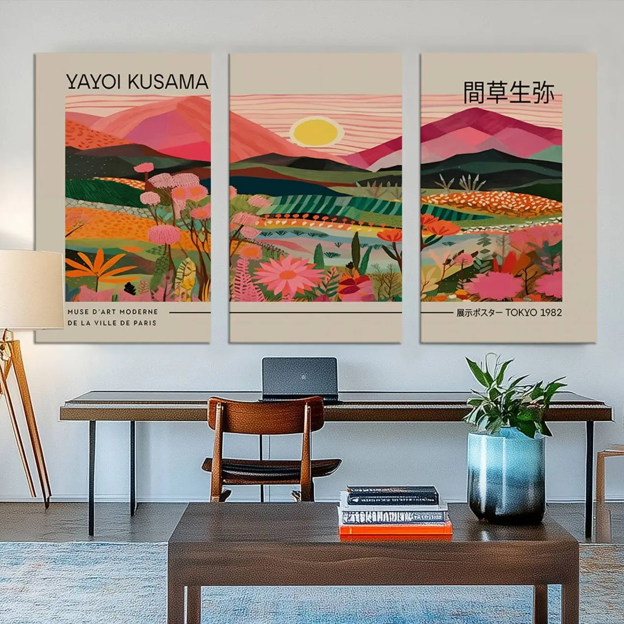 18304-MGV-CV-48X32-3P-Yayoi Kusama Landscape Canvas Print, Vibrant Floral Mountain Art Print, Yayoi Botanical Wall Art -