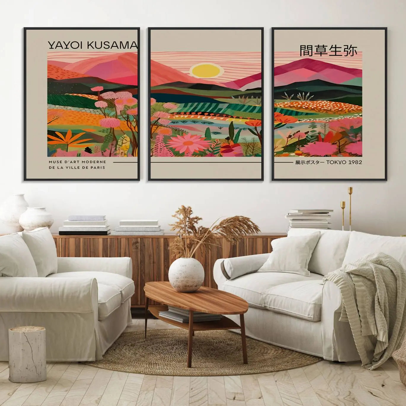 18304-MGV-FC-60X30-3P_Black-Yayoi Kusama Landscape Canvas Print, Vibrant Floral Mountain Art Print, Yayoi Botanical Wall Art -