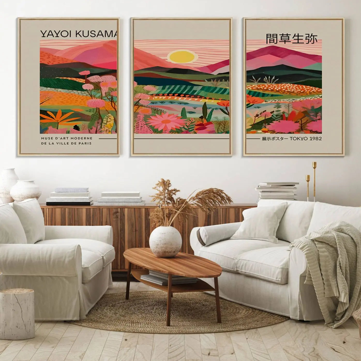 18304-MGV-FC-60X30-3P_Natural-Yayoi Kusama Landscape Canvas Print, Vibrant Floral Mountain Art Print, Yayoi Botanical Wall Art -
