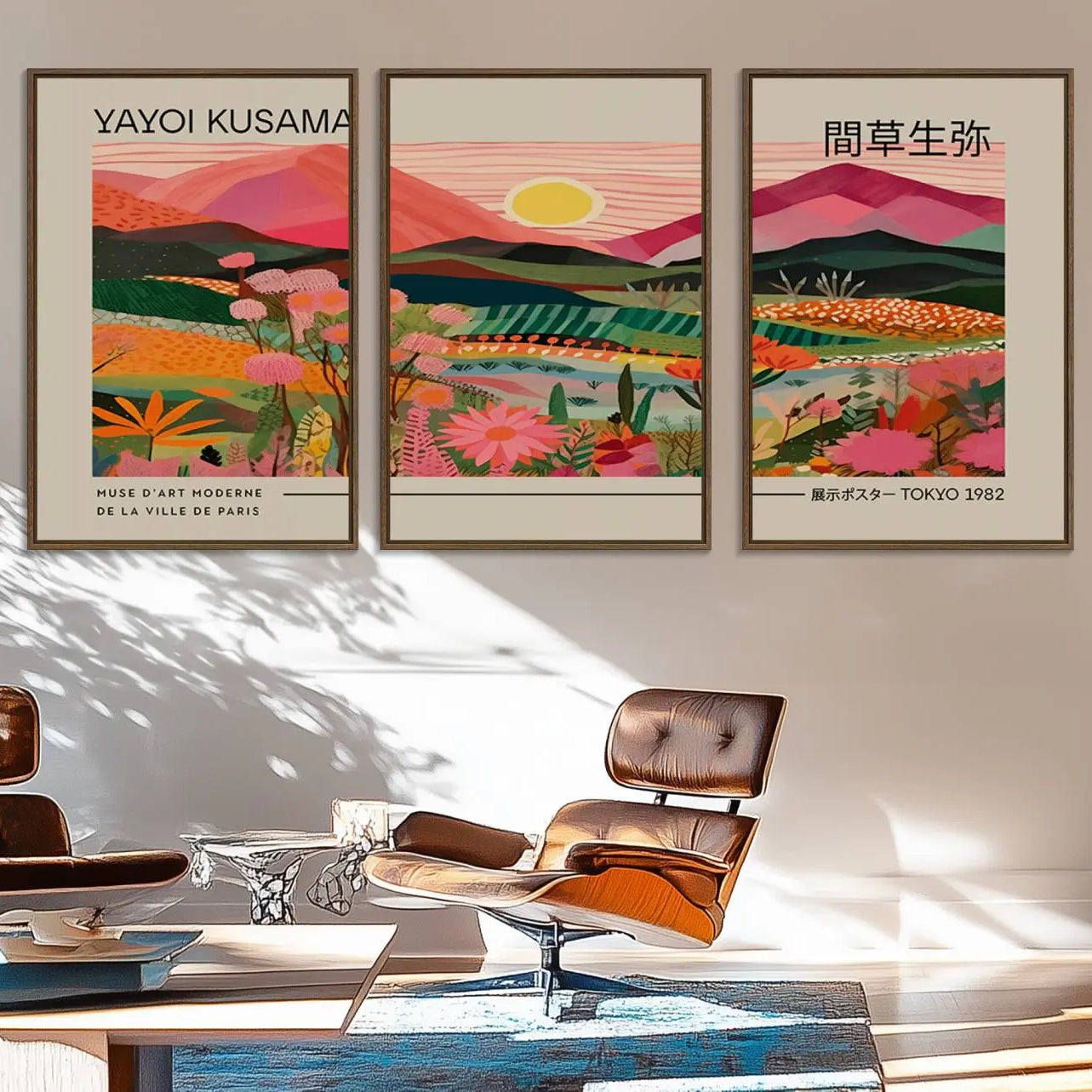 18304-MGV-FC-60X30-3P_Walnut-Yayoi Kusama Landscape Canvas Print, Vibrant Floral Mountain Art Print, Yayoi Botanical Wall Art -