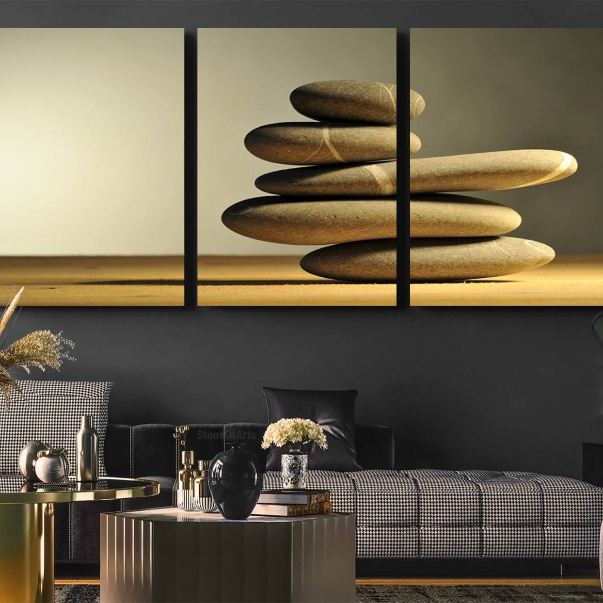 12349-MGV-CV-36X24-Yellow Zen Stones on Yellow Background Wall Art Yoga Zen Artwork