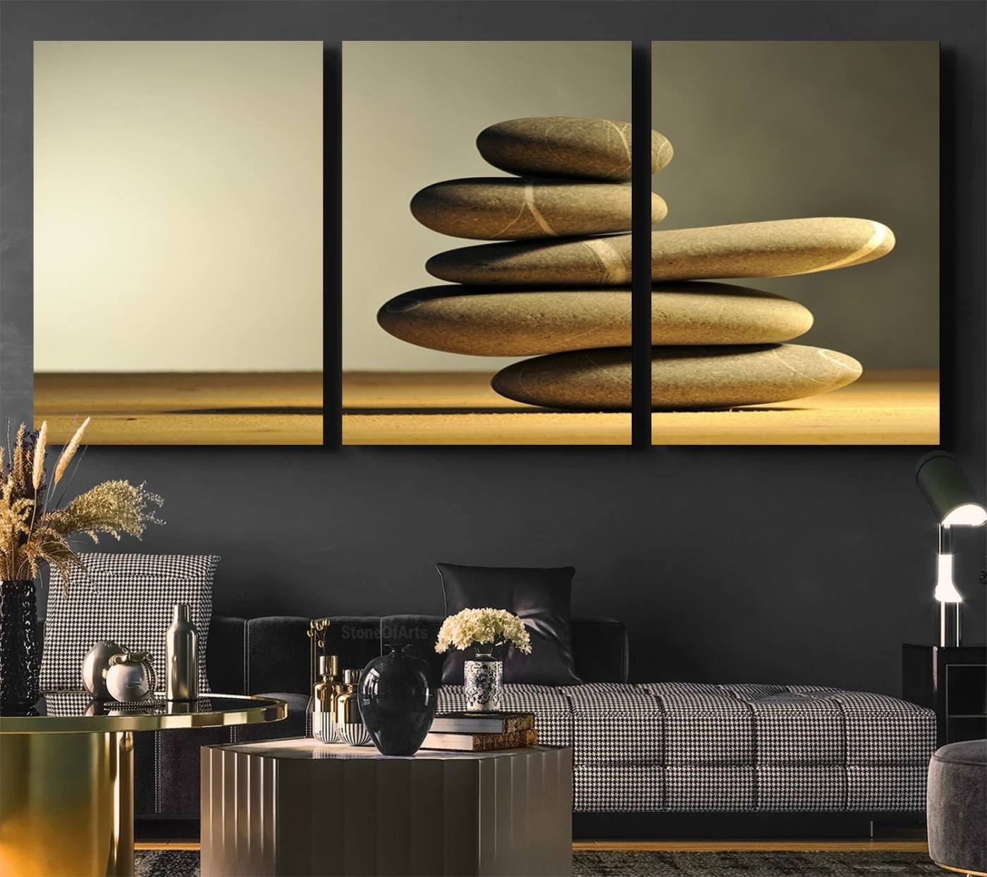 12349-MGV-CV-36X24-Yellow Zen Stones on Yellow Background Wall Art Yoga Zen Artwork